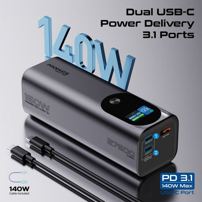 Promate 27600mAH Power Bank | Super-Slim 160W with Smart TFT LCD Display | Durable Metal Made | Over Charge Protection for USB-C and USB-A Devices.
