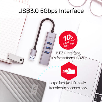 UNITEK 4 in 1 multi-port hub expand a single USB-C port to 1 gigabit Ethernet LAN Network Adapter with 3 USB 3.0 ports.