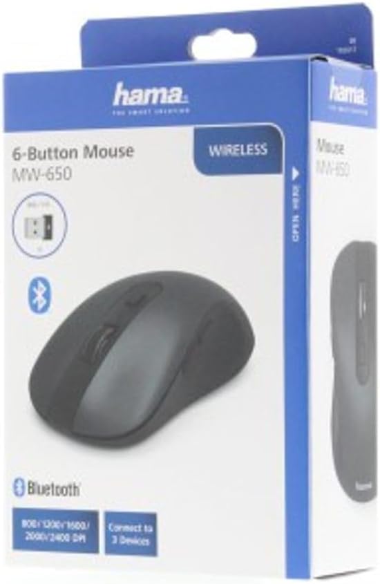 Hama Wireless Bluetooth Optical Mouse | 6 Buttons | Multi-Device Mouse for PC & Laptop | 800 | 2400 DPI Adjustable | Right-Handed | Compatible with Windows | macOS & Android