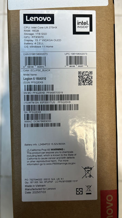 Lenovo Legion 5 15IAX10 | (1TUS) Intel Core Ultra 9-275HX | RAM 16GB | 1TB | RTX 5070 8GB | 15.1 WQXGA OLED 165Hz | Eclipse Black