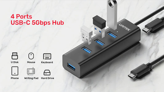 UNITEK USB-C 4-Port Hub | 5Gbps High-Speed USB Expansion Adapter with 4 USB-A Ports | Plug & Play for Laptop | PC | MacBook