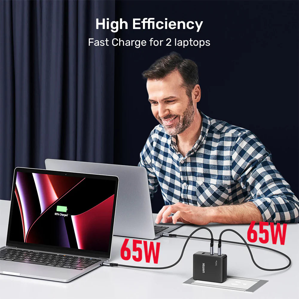 Unitek 140W GaN Wall Charger | 2× USB-C PD 3.1 & 1× USB-A Ports | Fast Charging for MacBook Pro | Compact Design | Includes EU & UK Plugs