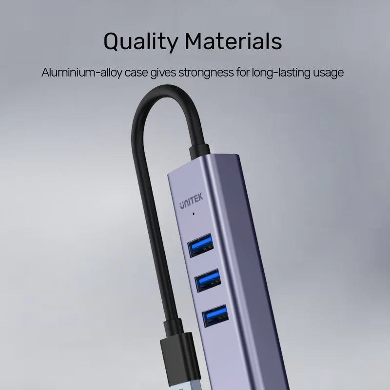 UNITEK 4 in 1 multi-port hub expand a single USB-C port to 1 gigabit Ethernet LAN Network Adapter with 3 USB 3.0 ports.