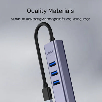 UNITEK 4 in 1 multi-port hub expand a single USB-C port to 1 gigabit Ethernet LAN Network Adapter with 3 USB 3.0 ports.