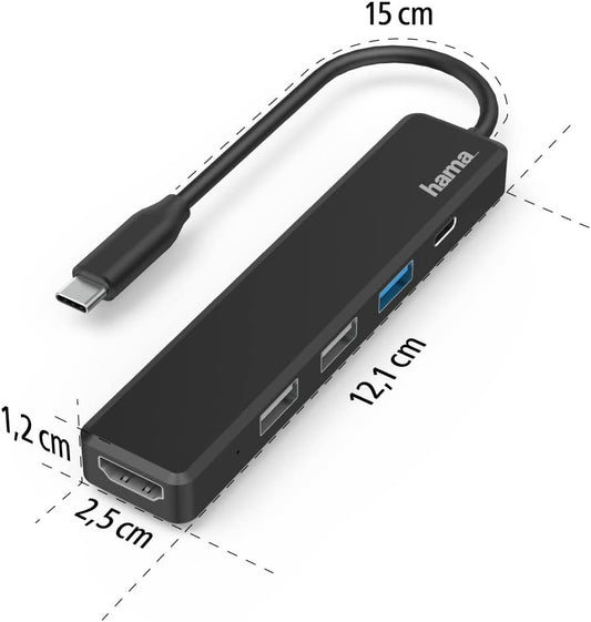 Hama USB-C Hub Multi-Port Adapter | 5-Port USB-C Multiport with HDMI 4K | 3× USB-A & USB-C PD Charging | Plug & Play for Laptop | MacBook | Tablet