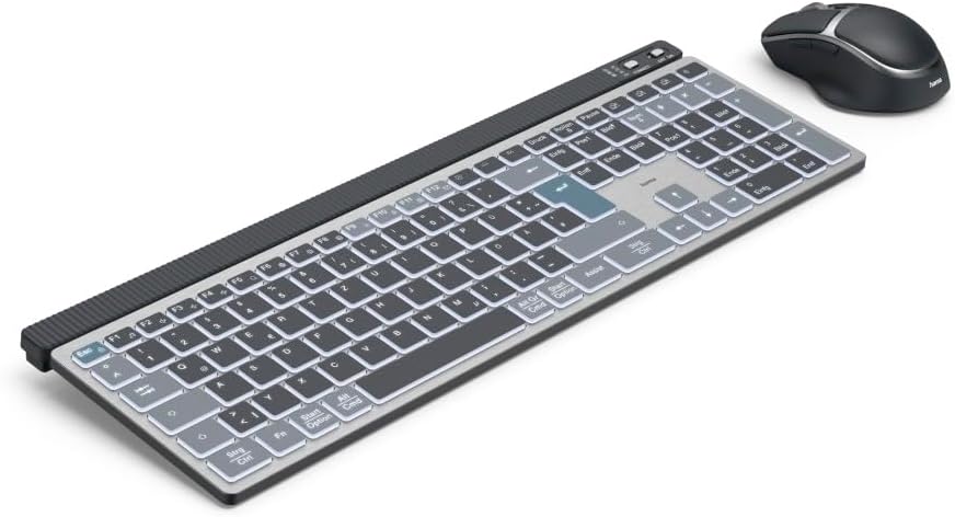 Hama WKM‑750 Multi‑Device Wireless Keyboard & Mouse Set | LED Backlit | 6‑Button Optical Mouse | Multi‑Device Bluetooth & 2.4 GHz RF Connectivity | Rechargeable | Ergonomic Design