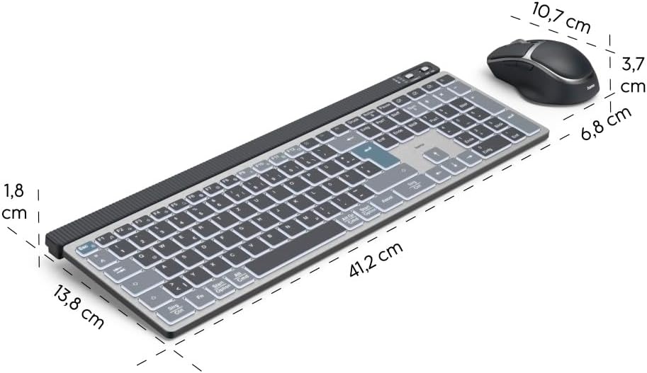 Hama WKM‑750 Multi‑Device Wireless Keyboard & Mouse Set | LED Backlit | 6‑Button Optical Mouse | Multi‑Device Bluetooth & 2.4 GHz RF Connectivity | Rechargeable | Ergonomic Design