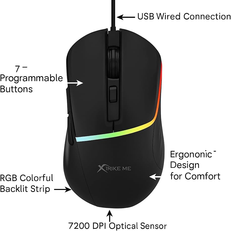 Xtrike Me GM-322 Gaming Mouse Wired USB | 7200DPI Optical Mouse / 7 Buttons / 1000Hz | Colorful RGB Backlit Optical Gaming Mice for PC Laptop Gamer (Black)