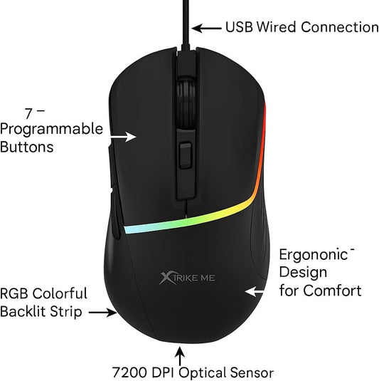 Xtrike Me GM-322 Gaming Mouse Wired USB | 7200DPI Optical Mouse / 7 Buttons / 1000Hz | Colorful RGB Backlit Optical Gaming Mice for PC Laptop Gamer (Black)