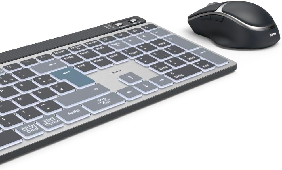 Hama WKM‑750 Multi‑Device Wireless Keyboard & Mouse Set | LED Backlit | 6‑Button Optical Mouse | Multi‑Device Bluetooth & 2.4 GHz RF Connectivity | Rechargeable | Ergonomic Design