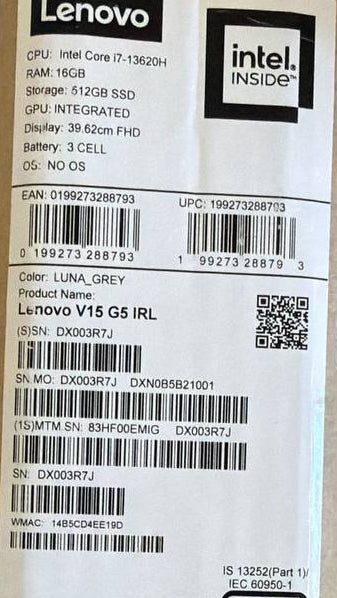 Lenovo V15 G5 IRL | (EMIG) Intel Core i7-13620H | RAM 16GB | SSD 512GB | Intel UHD Graphics | 15.6 Inch FHD | Luna Grey