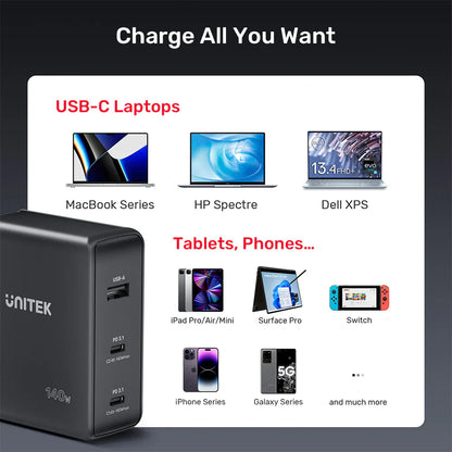 Unitek 140W GaN Wall Charger | 2× USB-C PD 3.1 & 1× USB-A Ports | Fast Charging for MacBook Pro | Compact Design | Includes EU & UK Plugs