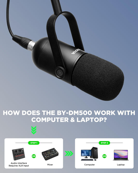 BOYA BY-DM500 XLR Dynamic Podcast Microphone | Broadcast Sound | Metal Construction | Wide-Range Frequency | Studio Mic for Streaming | Gaming | Voice-Over & Music | Black