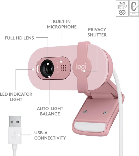 Logitech Brio 100 Full HD 1080p Webcam | Auto-Light Balance | Built-in Mic | Privacy Shutter | USB-A | Rose