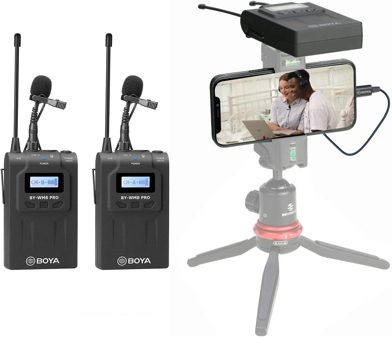 BOYA BY‑WM8 Pro-K2 UHF Dual-Channel Wireless Microphone System | 48‑Channel Receiver | Handheld + Lavalier | LCD | Headphone Jack