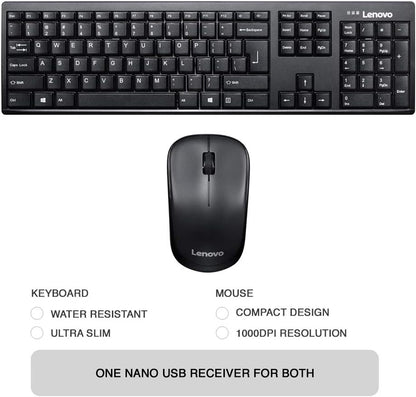 Lenovo 100 USB-A Wireless Combo – Slim Keyboard & Compact Mouse, 1600 DPI, Spill-Resistant, 10-Million Key Presses