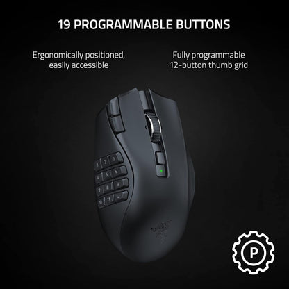 Razer Naga V2 HyperSpeed Wireless MMO Mouse – 19 Programmable Buttons, Focus Pro 30K Sensor, HyperSpeed 2.4 GHz + Bluetooth, 250 h Battery