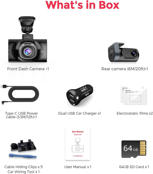 Lingdu LD02Lite 4K+1080P Front and Rear Dash Cam | Voice Control | 5G WiFi | GPS | Parking Monitor | 170° Wide Angle | Night Vision | Loop Recording | G-Sensor | 64GB Card Included