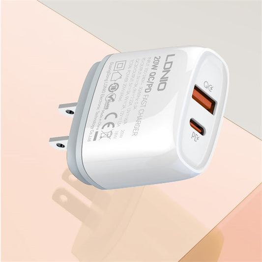 LDNIO Q229 20W PD + QC3.0 Fast Charger | USB-C & USB-A Dual Port | 100-240V Travel Plug | Fireproof Shell