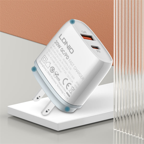LDNIO Q229 20W PD + QC3.0 Fast Charger | USB-C & USB-A Dual Port | 100-240V Travel Plug | Fireproof Shell