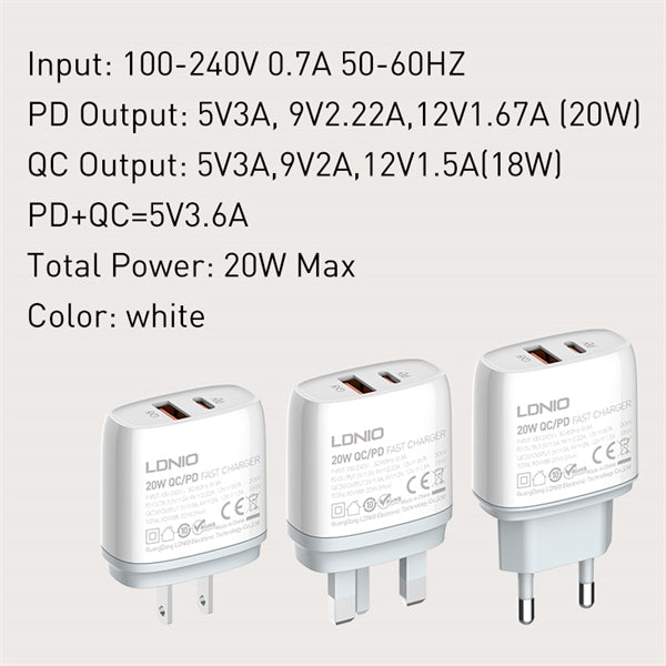 LDNIO Q229 20W PD + QC3.0 Fast Charger | USB-C & USB-A Dual Port | 100-240V Travel Plug | Fireproof Shell