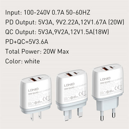 LDNIO Q229 20W PD + QC3.0 Fast Charger | USB-C & USB-A Dual Port | 100-240V Travel Plug | Fireproof Shell