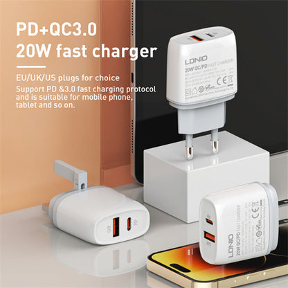 LDNIO Q229 20W PD + QC3.0 Fast Charger | USB-C & USB-A Dual Port | 100-240V Travel Plug | Fireproof Shell