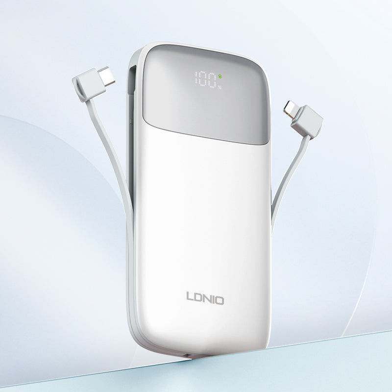 LDNIO PQ20 20000mAh Portable Power Bank | 22.5W Fast Charging | Built-In USB-C & Lightning Cables | LED Battery Display | Multi-Device Safe Charging