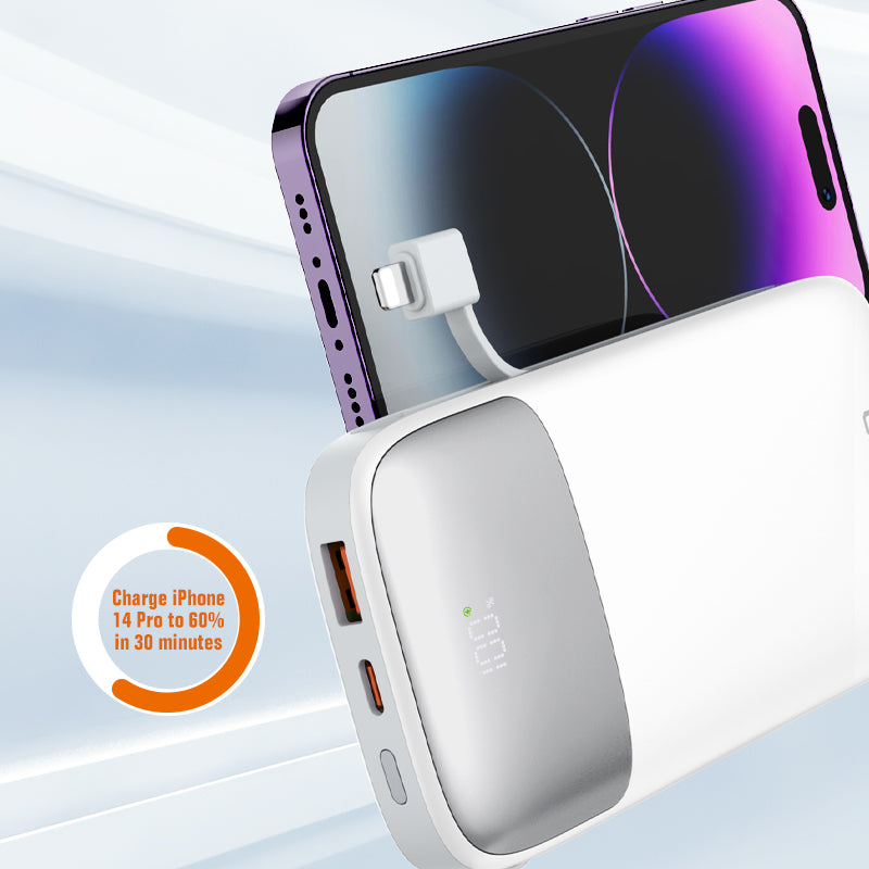LDNIO PQ20 20000mAh Portable Power Bank | 22.5W Fast Charging | Built-In USB-C & Lightning Cables | LED Battery Display | Multi-Device Safe Charging