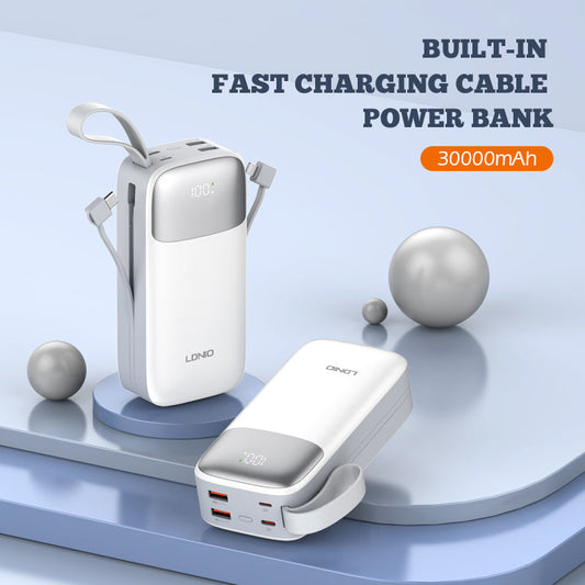 LDNIO PQ30 30000mAh Power Bank | Fast Charging 22.5W | Built-In USB-C & Lightning Cables | LED Battery Display | Multi-Device Portable Charger