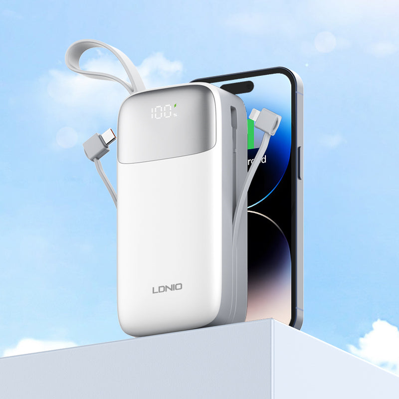 LDNIO PQ30 30000mAh Power Bank | Fast Charging 22.5W | Built-In USB-C & Lightning Cables | LED Battery Display | Multi-Device Portable Charger
