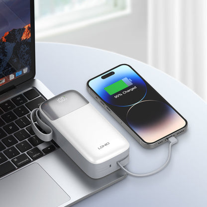 LDNIO PQ30 30000mAh Power Bank | Fast Charging 22.5W | Built-In USB-C & Lightning Cables | LED Battery Display | Multi-Device Portable Charger