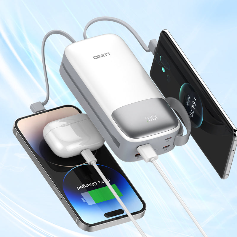 LDNIO PQ30 30000mAh Power Bank | Fast Charging 22.5W | Built-In USB-C & Lightning Cables | LED Battery Display | Multi-Device Portable Charger