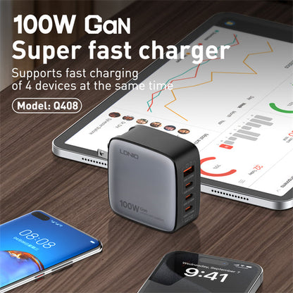 LDNIO Q408 100W GaN Super Fast Charger | 4‑Port USB (3×USB‑C + 1×USB‑A) | PD & QC Fast Charge | Replaceable US/EU/UK Plugs | Compact Wall Adapter