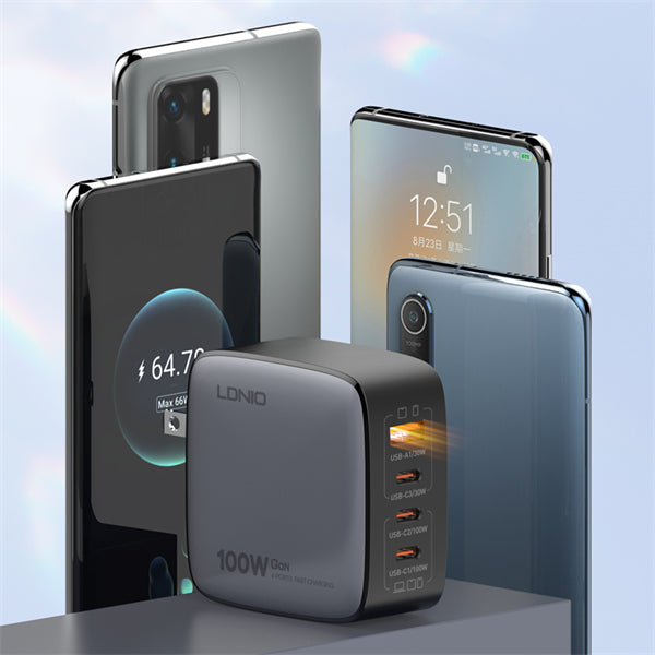 LDNIO Q408 100W GaN Super Fast Charger | 4‑Port USB (3×USB‑C + 1×USB‑A) | PD & QC Fast Charge | Replaceable US/EU/UK Plugs | Compact Wall Adapter