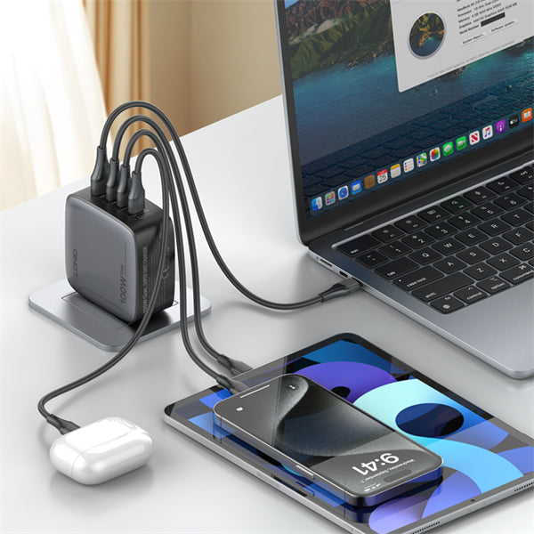 LDNIO Q408 100W GaN Super Fast Charger | 4‑Port USB (3×USB‑C + 1×USB‑A) | PD & QC Fast Charge | Replaceable US/EU/UK Plugs | Compact Wall Adapter