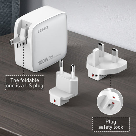 LDNIO Q408 100W GaN Super Fast Charger | 4‑Port USB (3×USB‑C + 1×USB‑A) | PD & QC Fast Charge | Replaceable US/EU/UK Plugs | Compact Wall Adapter