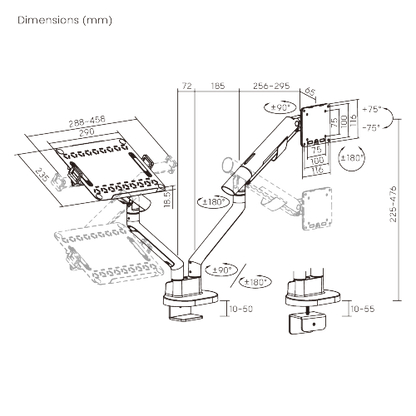 Avetron Nova Slim Mechanical Spring Monitor Arm w/ Laptop Tray – 17″–35″, 2–11 kg, Full Motion, Top-Side Mount