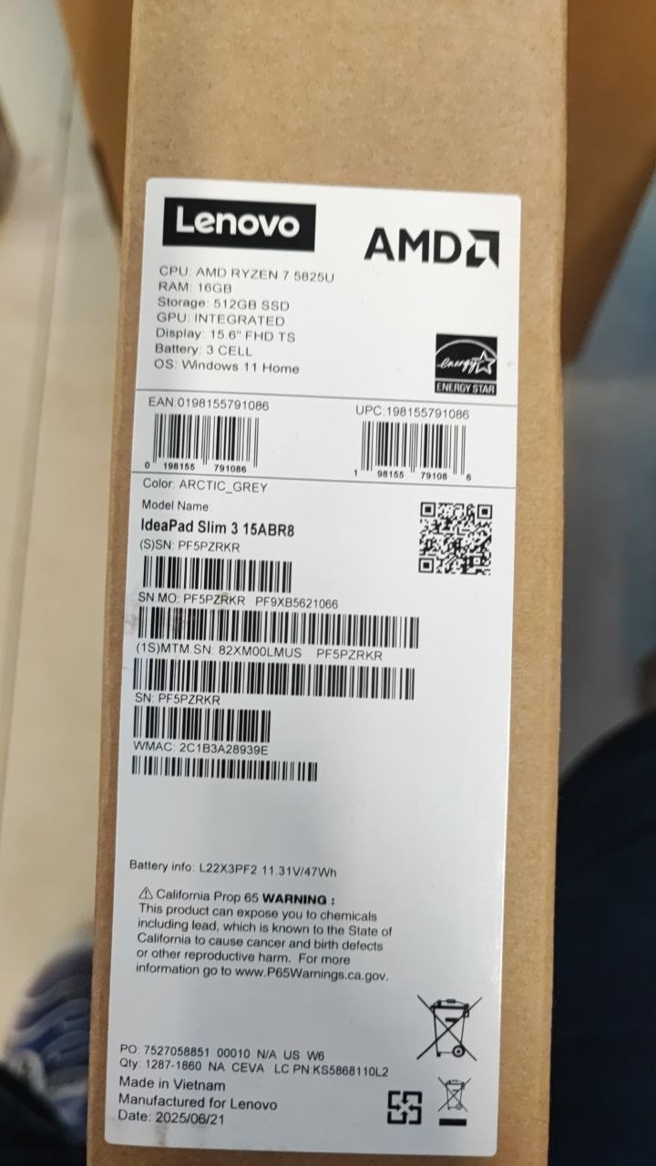 Lenovo IdeaPad Slim 3 15ABR8 | (LMUS) AMD Ryzen 7-5825U | RAM 16GB | SSD 512GB | Radeon Graphics | 15.6 FHD IPS Touch | Arctic Grey