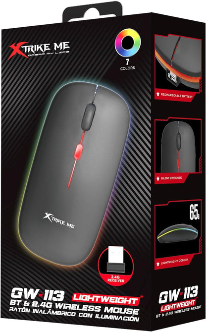 Xtrike Me GW-113 Wireless Dual Modes Mouse, Ergonomic Design, Adjustable DPI, Silent Clicks, Rechargeable Battery, Windows/Mac/Android Compatible, Lightweight, Black