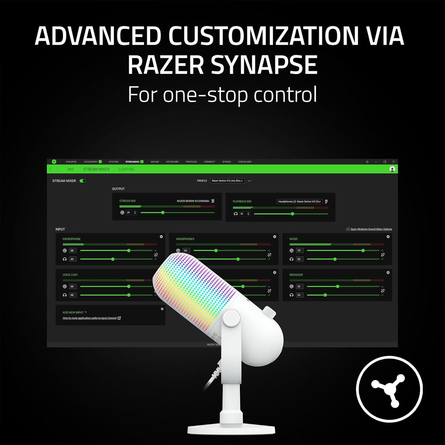 Razer Seiren V3 Chroma RGB USB Microphone | Supercardioid Condenser Mic | Tap-to-Mute Sensor | Stream-Reactive Chroma RGB | 96kHz/24-bit