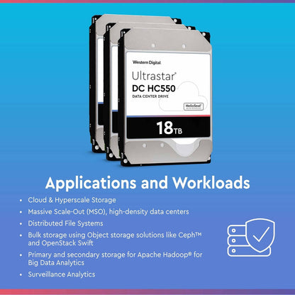 WD Ultrastar DC HC550 18TB Enterprise HDD, 3.5-Inch Internal Hard Drive, 7200RPM, SATA 6Gb/s, 512MB Cache, Data Center Storage, Model WUH721818ALE6L4