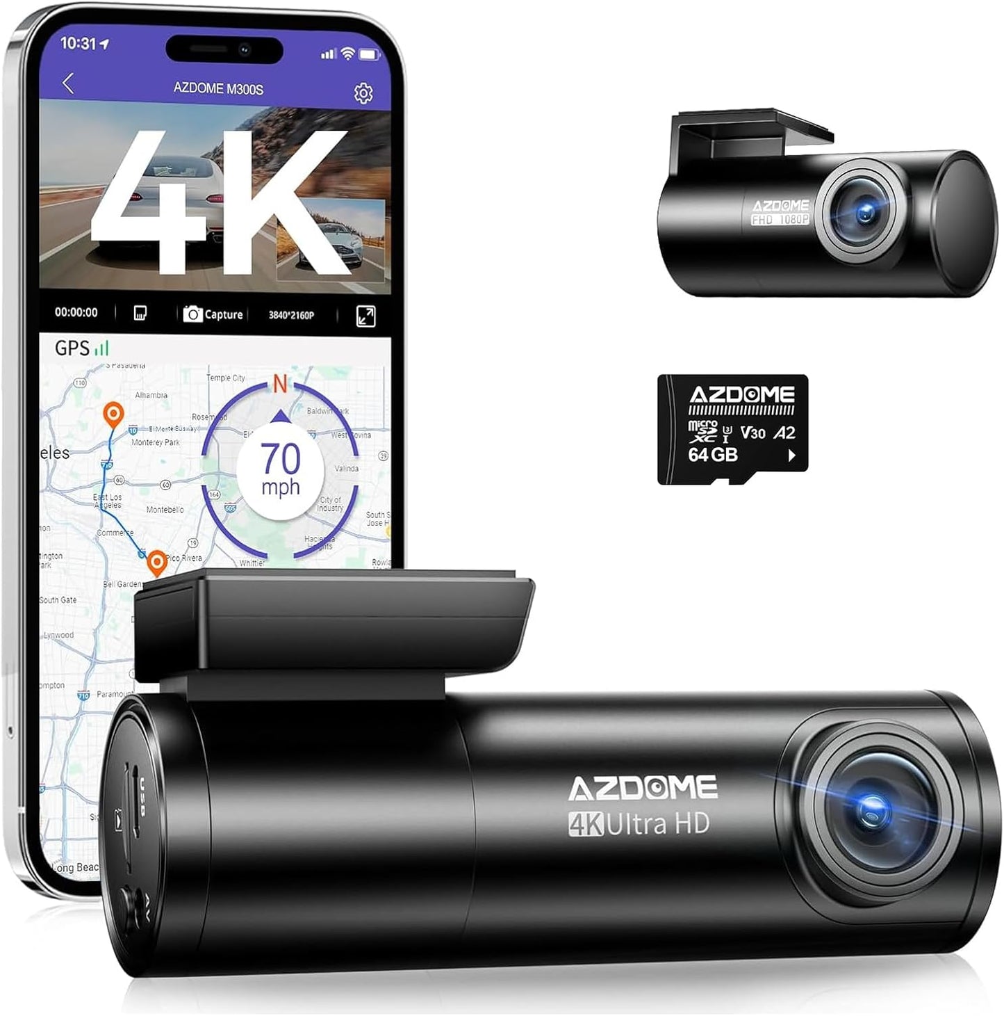 AZDOME M300S 4K Dash Cam Front and Rear | 5.8G WiFi | GPS | 170° Wide Angle | 64GB SD Card Included | Voice Control | Night Vision | G-Sensor | 24H Parking Monitor | Supports up to 256GB