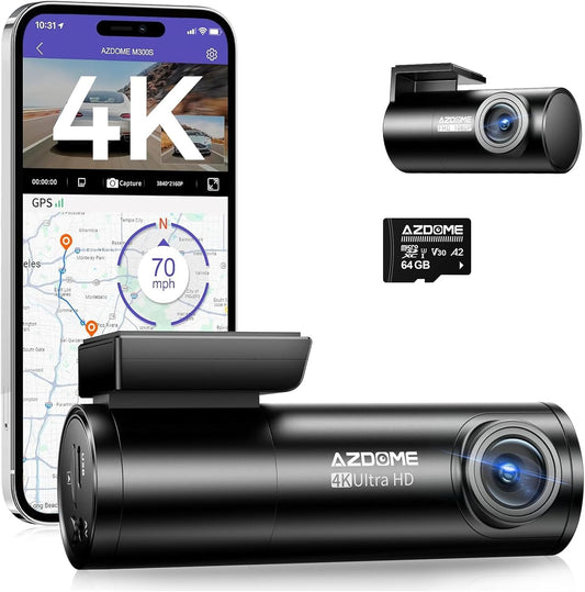 AZDOME M300S 4K Dash Cam Front and Rear | 5.8G WiFi | GPS | 170° Wide Angle | 64GB SD Card Included | Voice Control | Night Vision | G-Sensor | 24H Parking Monitor | Supports up to 256GB