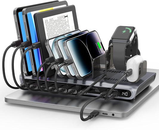 UNITEK 140W USB-C Charging Station for Multiple Devices | Fast Charging Stand with Digital Display | Laptop/iPad/iPhone Charging Dock | Smartwatch & AirPods Holder