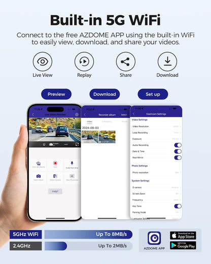 AZDOME M300S 4K Dash Cam Front and Rear | 5.8G WiFi | GPS | 170° Wide Angle | 64GB SD Card Included | Voice Control | Night Vision | G-Sensor | 24H Parking Monitor | Supports up to 256GB