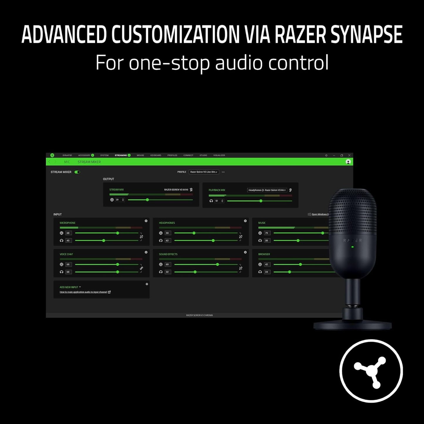 Razer Seiren V3 Mini USB Microphone: Condenser Mic | Supercardioid Pickup Pattern | Tap-to-Mute Sensor with LED Indicator | Shock Absorber | Ultra Compact | PC | Discord | OBS Studio | XSplit | Black