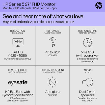 HP Series 5 27" FHD White Monitor | 527sw (94F46AS) | IPS Panel | 100Hz | 99% sRGB | HDMI & VGA | Eye Ease | Tilt Stand
