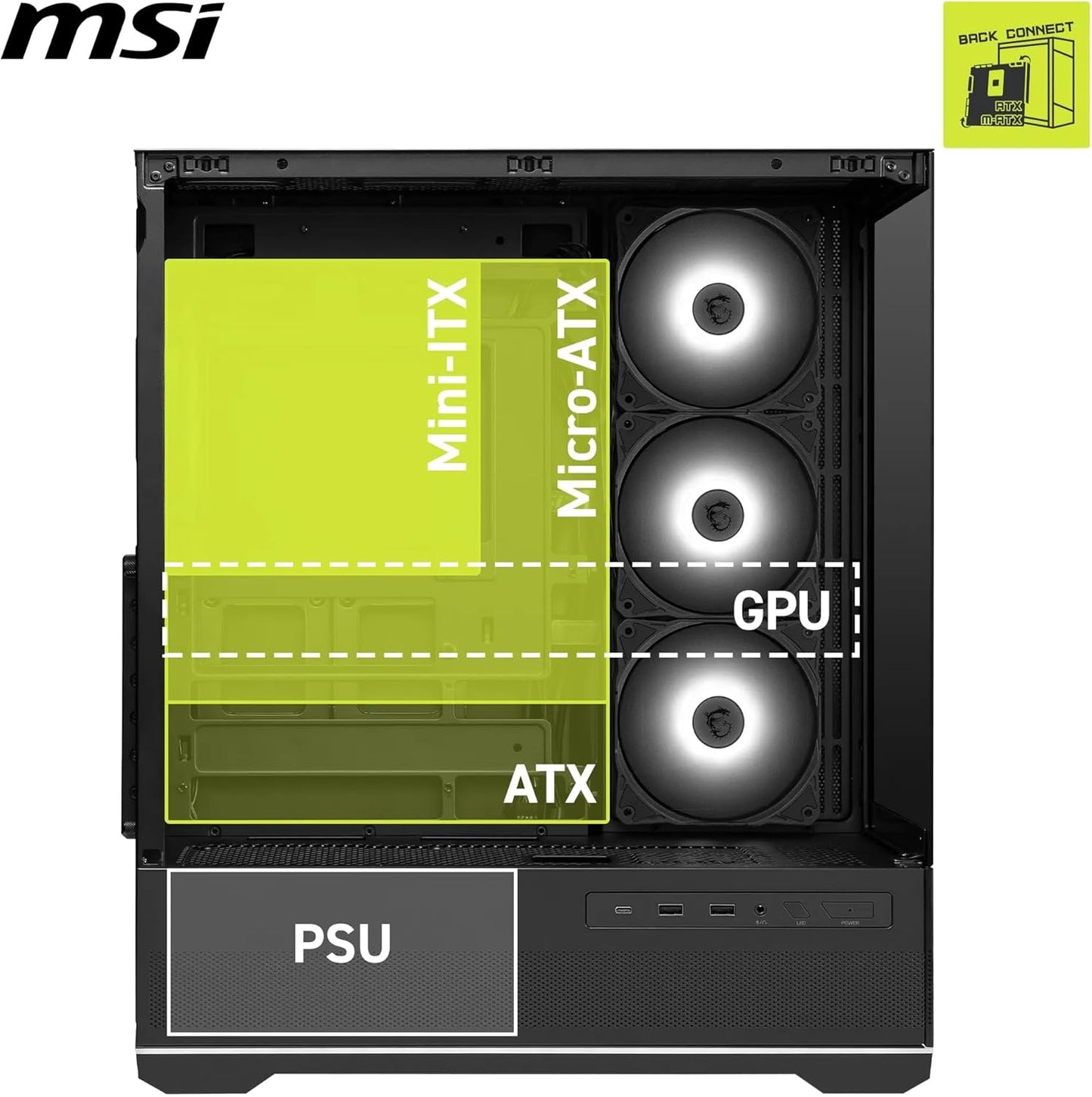 MSI MAG PANO 110R PZ | 270° Panoramic Mid-Tower ATX Case | 400 mm GPU / 160 mm CPU Cooler | USB-C 20 Gbps | 4 ARGB Fans