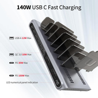 UNITEK 140W USB-C Charging Station for Multiple Devices | Fast Charging Stand with Digital Display | Laptop/iPad/iPhone Charging Dock | Smartwatch & AirPods Holder
